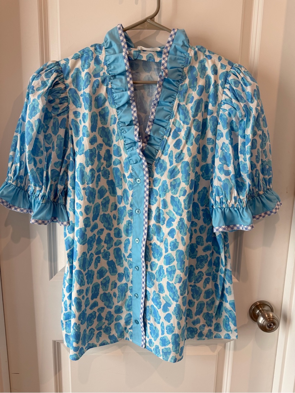 Entro Leopard and Gingham Mix Puff Sleeve Button Down Blouse Size XL